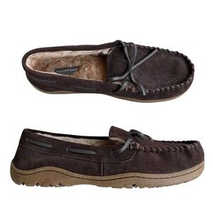 Rockport moccasin loafers men's 10 brown suede house shoes slippers faux fur